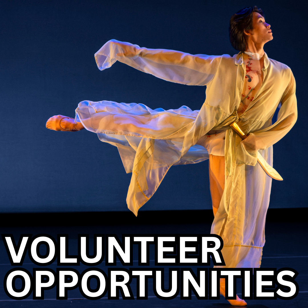 2 Dancer looking to the right in an arabesque and flowy white clothing with the words "Volunteer Opportunities" written in front.