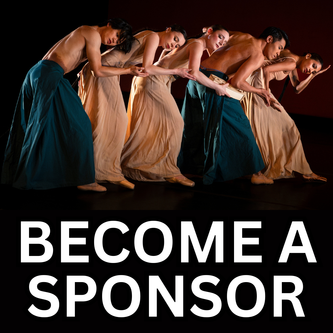3 Dancers in a line leaning on one another in tan and dark teal clothing with the words "Become a Sponsor" written in front.