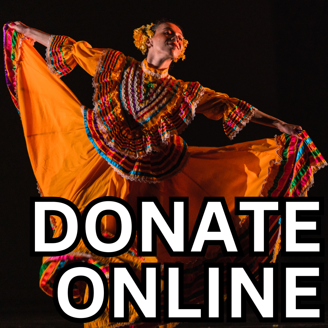 4 Dancer in Folklorico dress leaning to the right with the words "Donate Online" written in front.