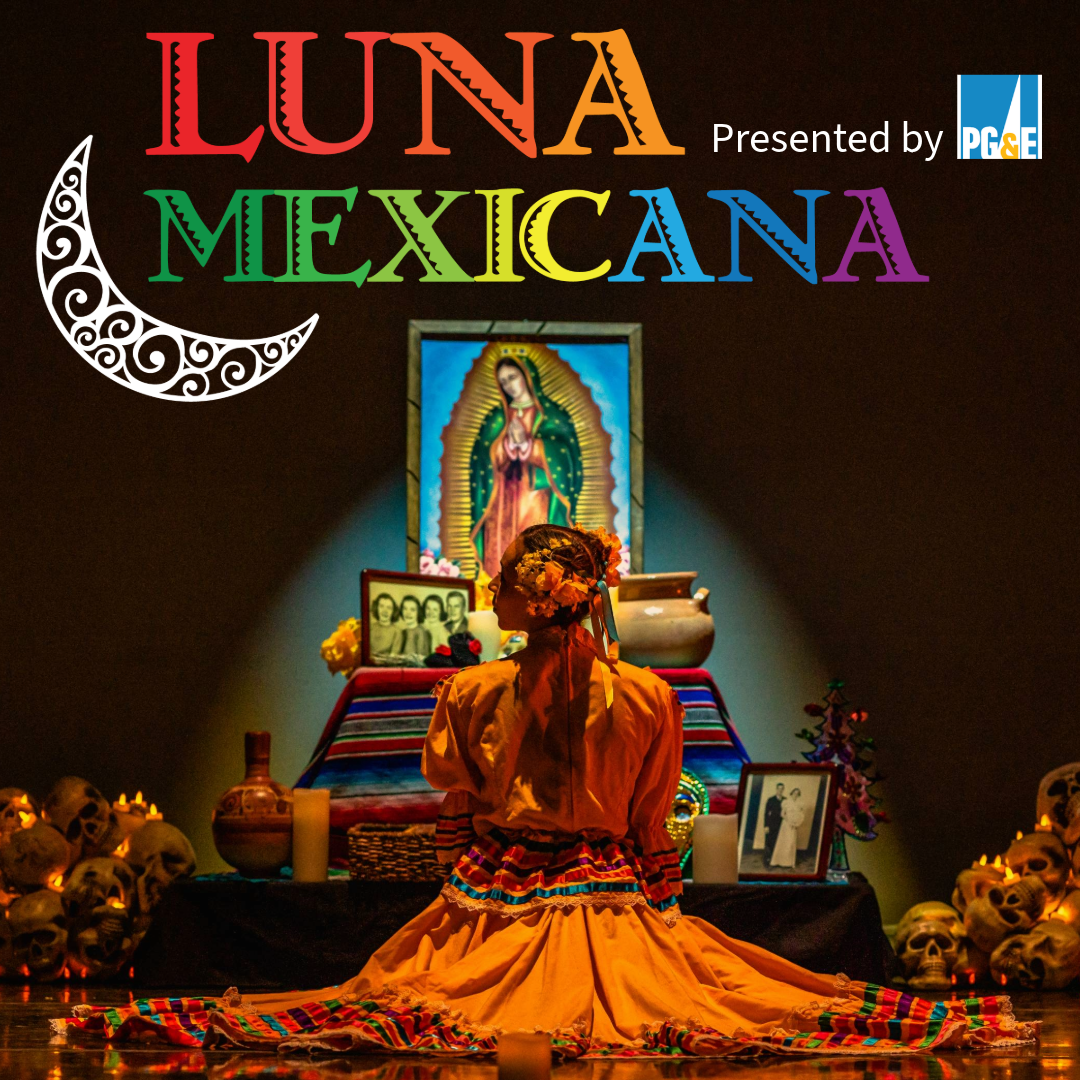 Luna Mexicana logo written above girl in front of ofrenda